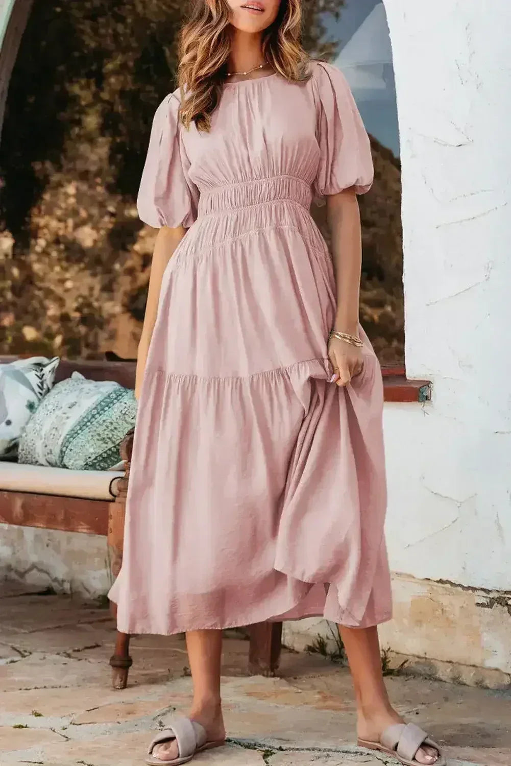 Light Blue Puff Sleeve High Waist Flowy Midi Dress - Femstylo
