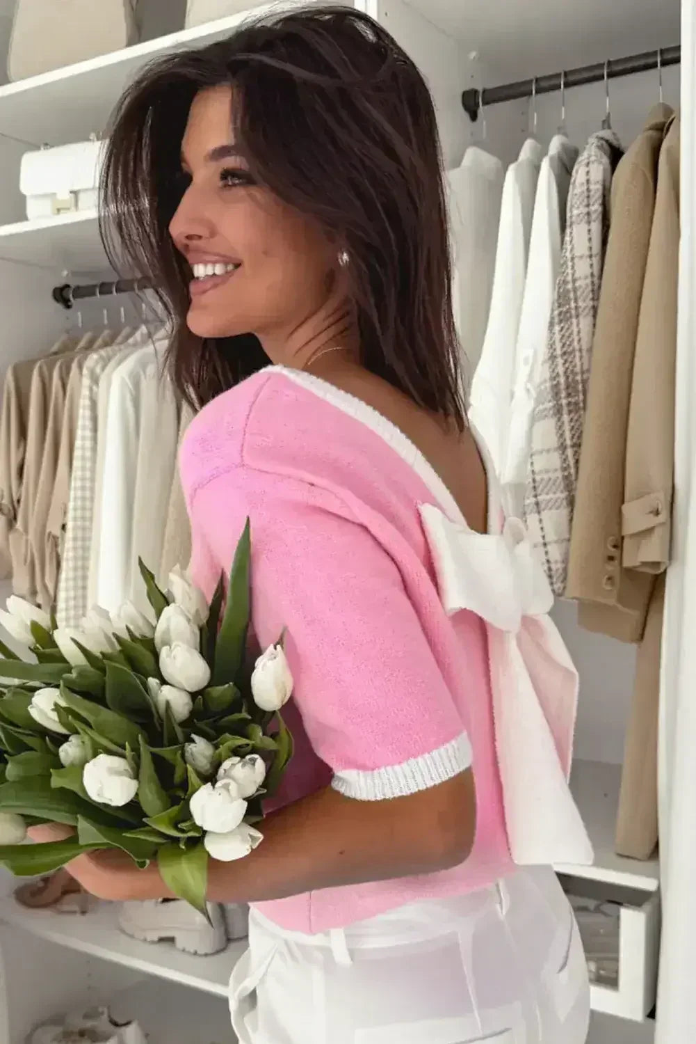 Bonbon Colorblock Big Bow Backless Knit Top - Femstylo