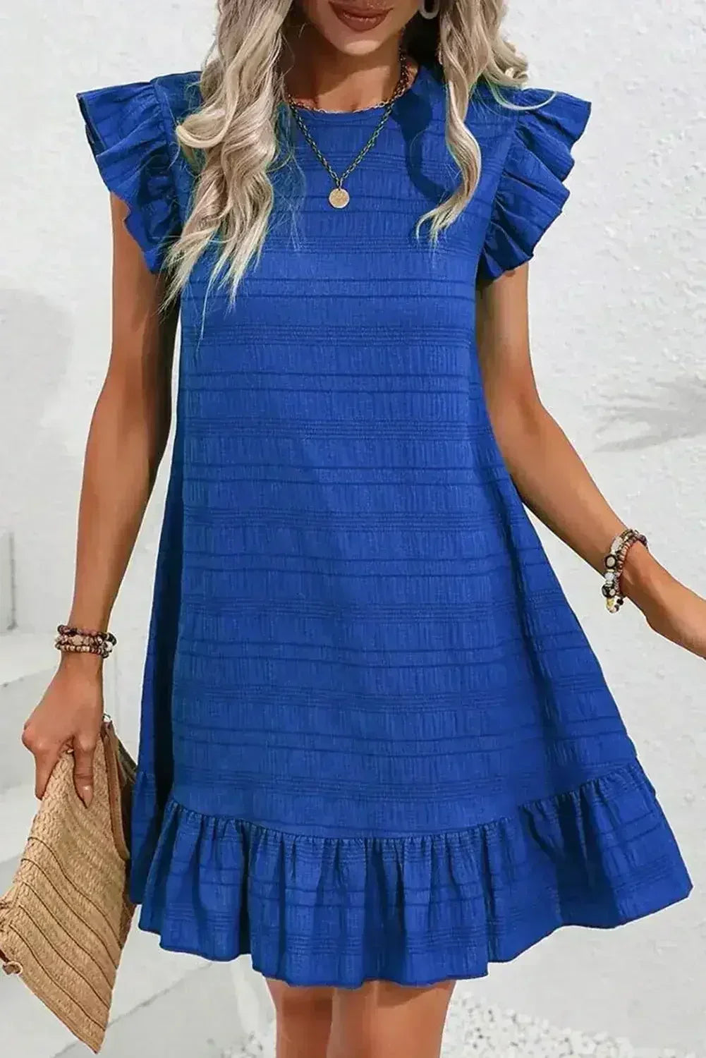 Dark Blue Textured Flutter Sleeve Ruffle Mini Dress - Femstylo