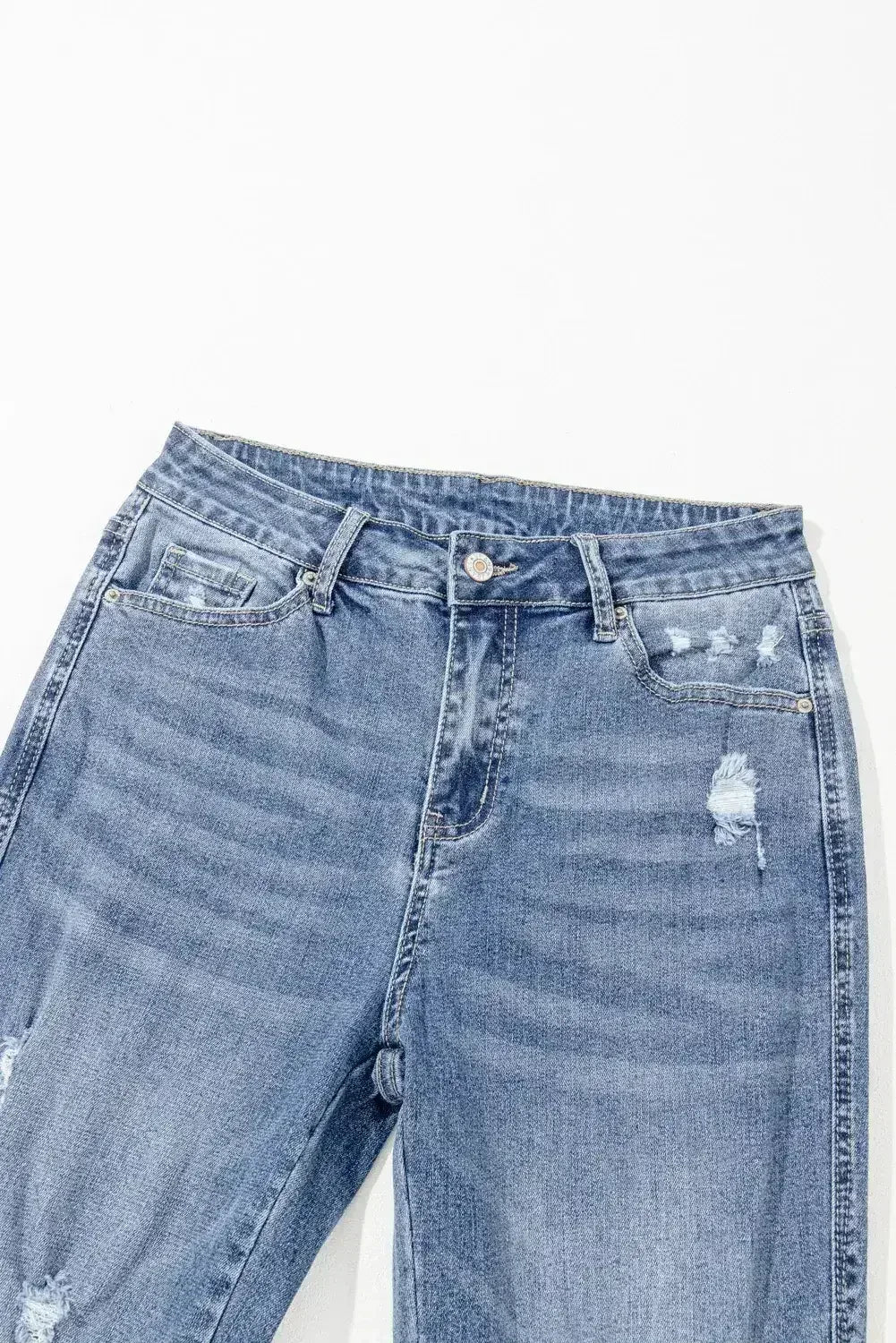Dusk Blue High Rise Ripped Distressed Hem Flared Jeans - Femstylo