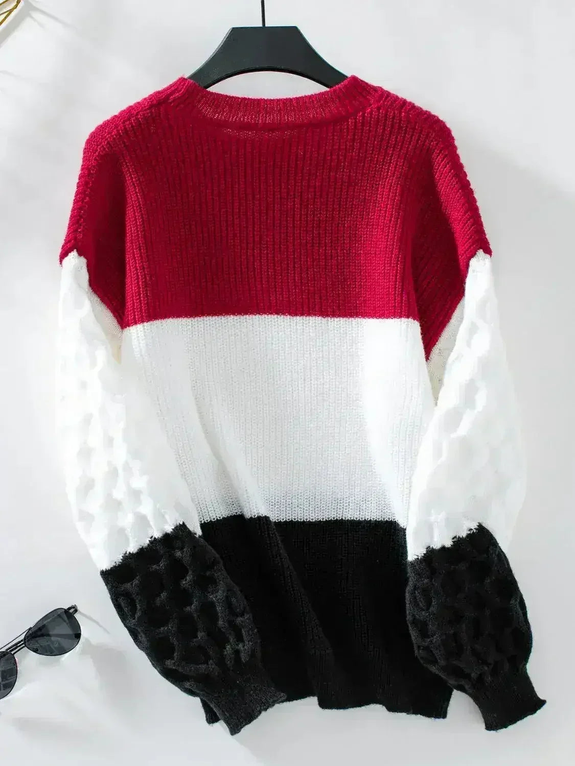 Color Block Round Neck Long Sleeve Sweater - Femstylo