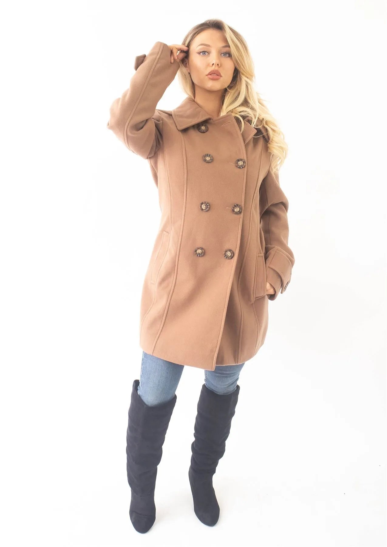 Wool Feel Double Breasted Hooded Coat