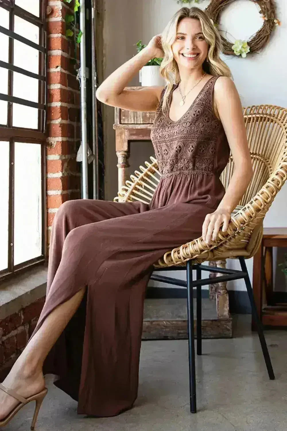 First Love Tie Back Sleeveless Slit Wide Leg Jumpsuit - Femstylo