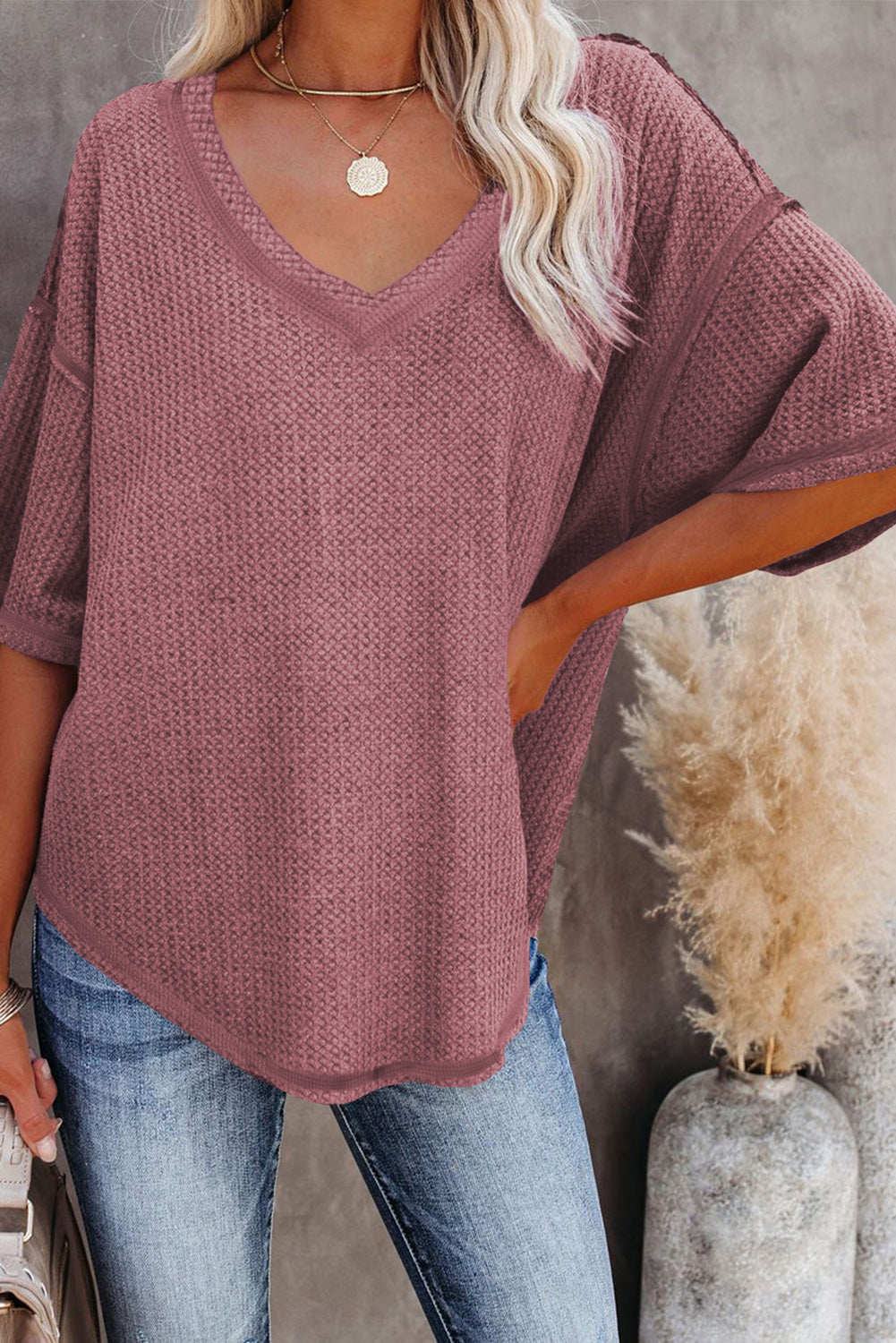 Blue Exposed Seam Drop Sleeve V Neck Waffle Textured Top