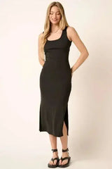 Mittoshop Side Slit Wide Strap Midi Tank Dress - Femstylo