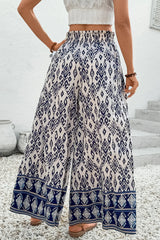 Blue Ethnic Print High Waist Wide Leg Loose Pants