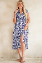 Dirty Blue Floral Print Smocked Waist Sleeveless Dress - Femstylo