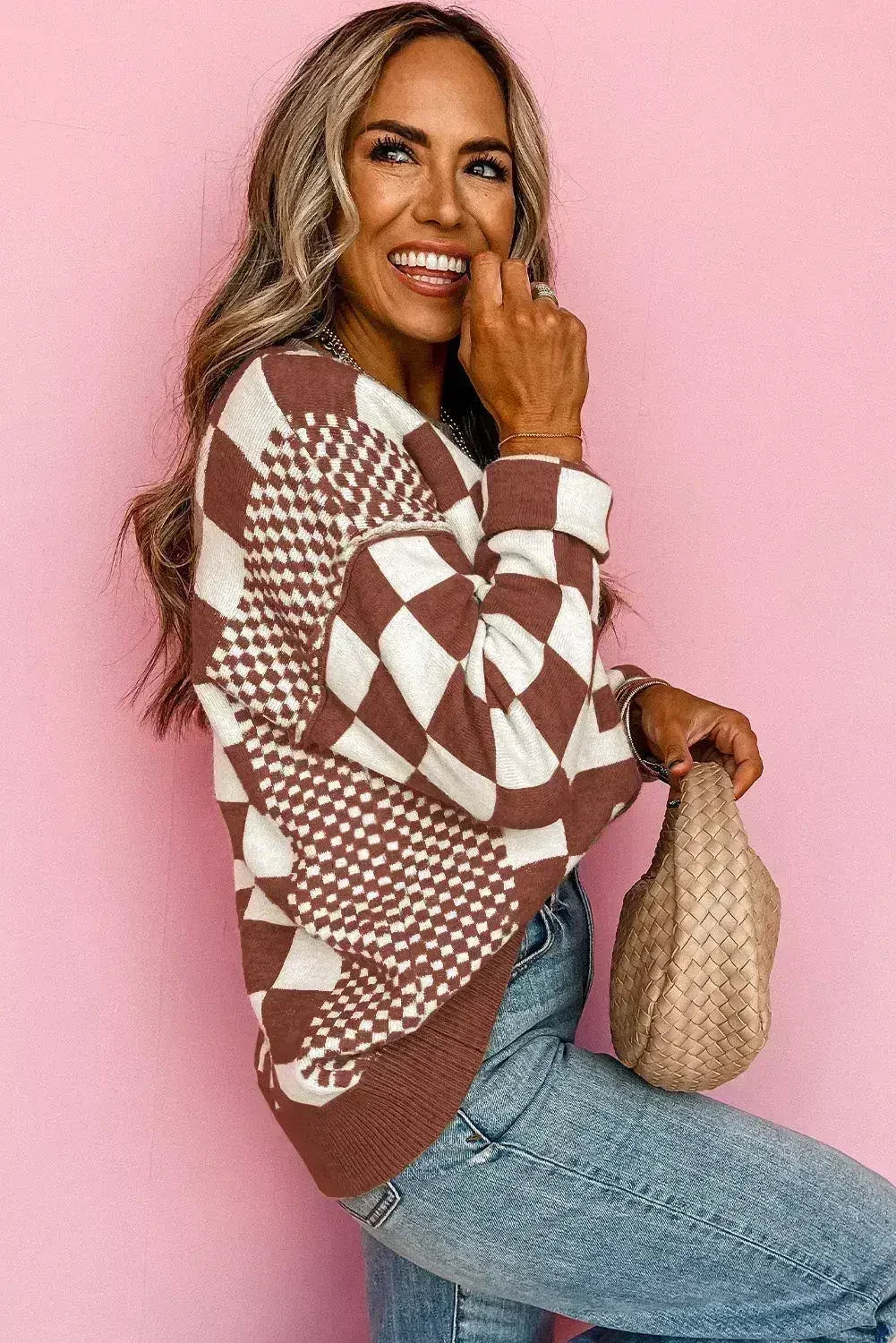 Brown Checkered Print Drop Shoulder Round Neck Sweater - Femstylo
