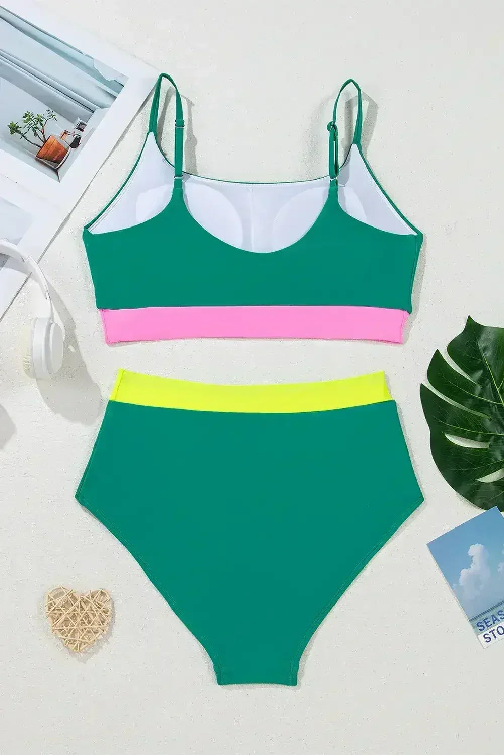 Sea Green Contrast Trim Colorblock High-Waisted Bikini Swimwear - Femstylo