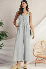 Black Stripe Half Buttoned Sleeveless Wide Leg Jumpsuit - Femstylo