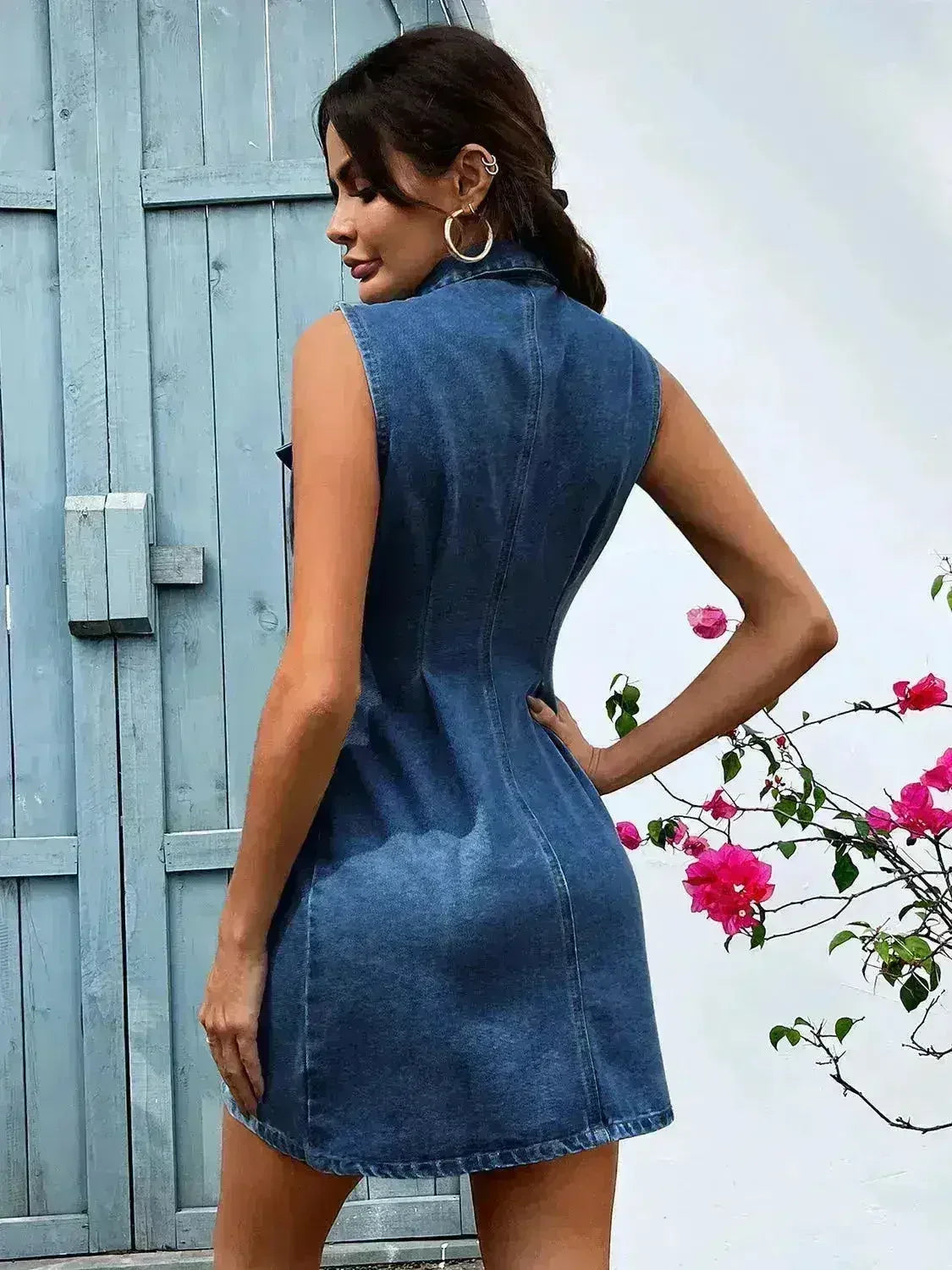 Pocketed Button Up Sleeveless Denim Dress - Femstylo