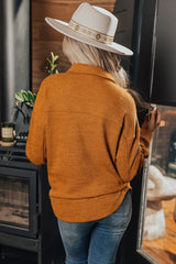 Russet Orange Flap Pocket Textured Knit Solid Color Casual Shacket