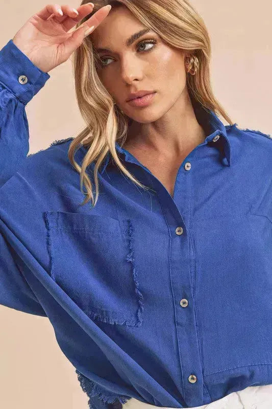 Aemi + Co Raw Edge Exposed Seam Collared Neck Long Sleeve Shirt
