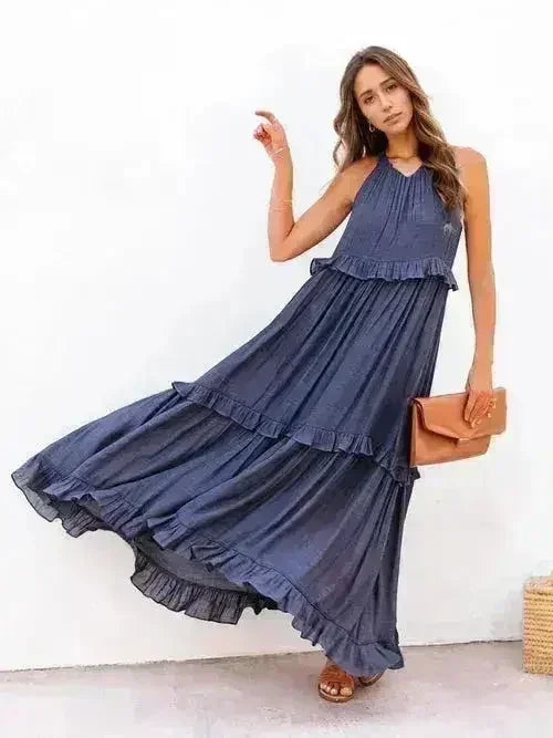 Ruffled Sleeveless Tiered Maxi Dress with Pockets - Femstylo