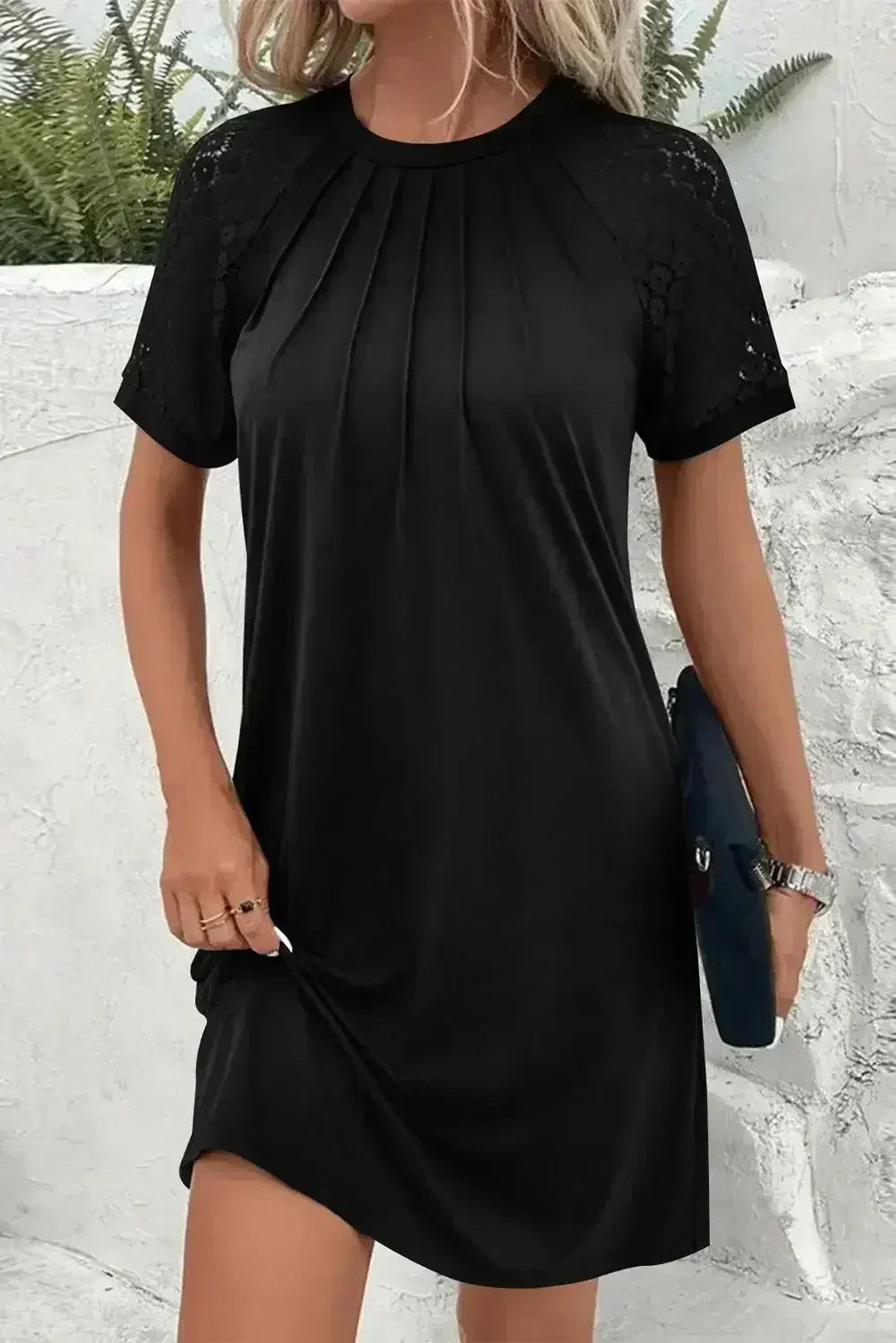 Navy Blue Contrast Lace Raglan Sleeve Pleated Mini Dress - Femstylo