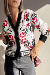 Beige Floral Print Button Front V Neck Contrast Trim Cardigan