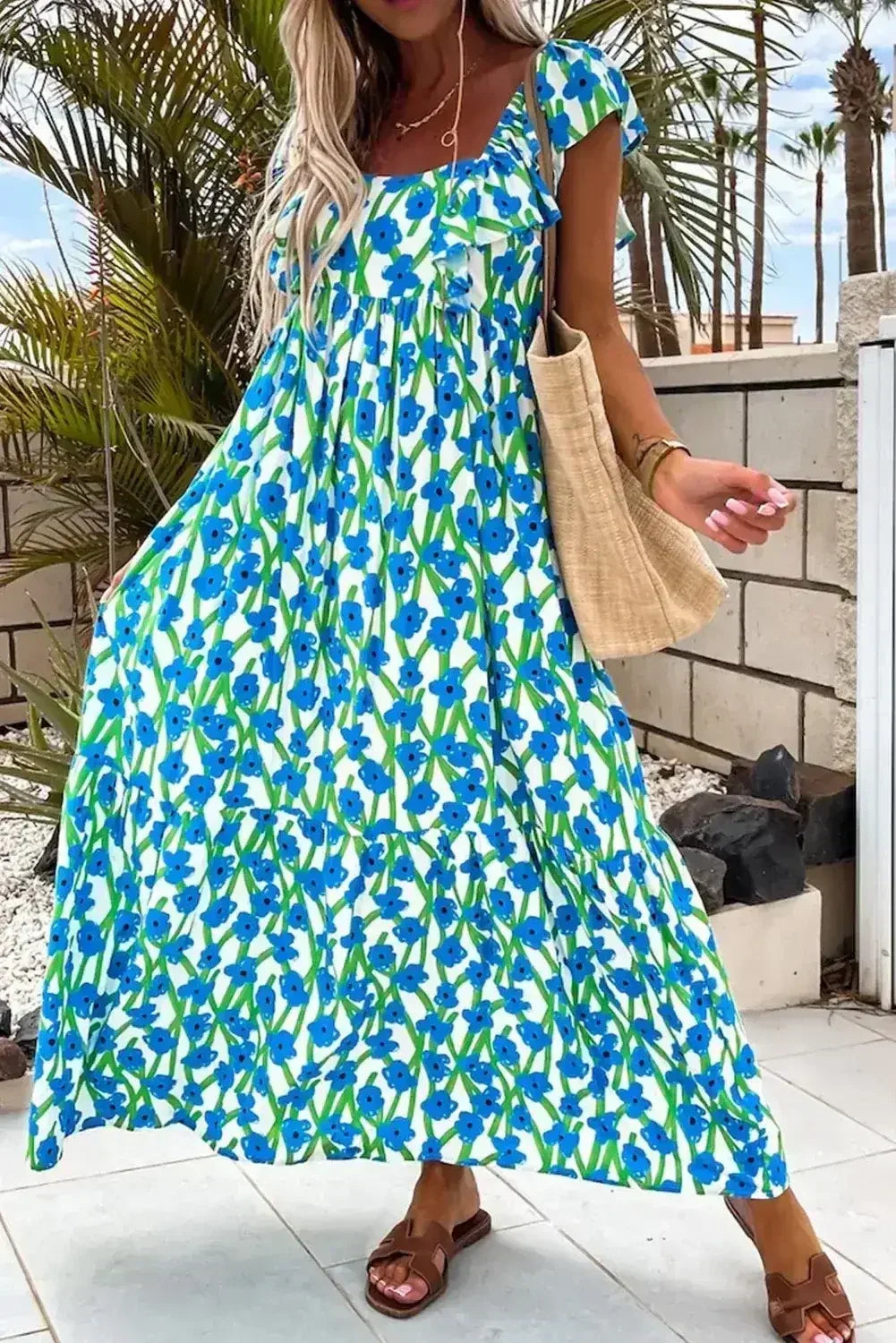 Pink Floral Print Square Neck Ruffled Strap Maxi Dress - Femstylo
