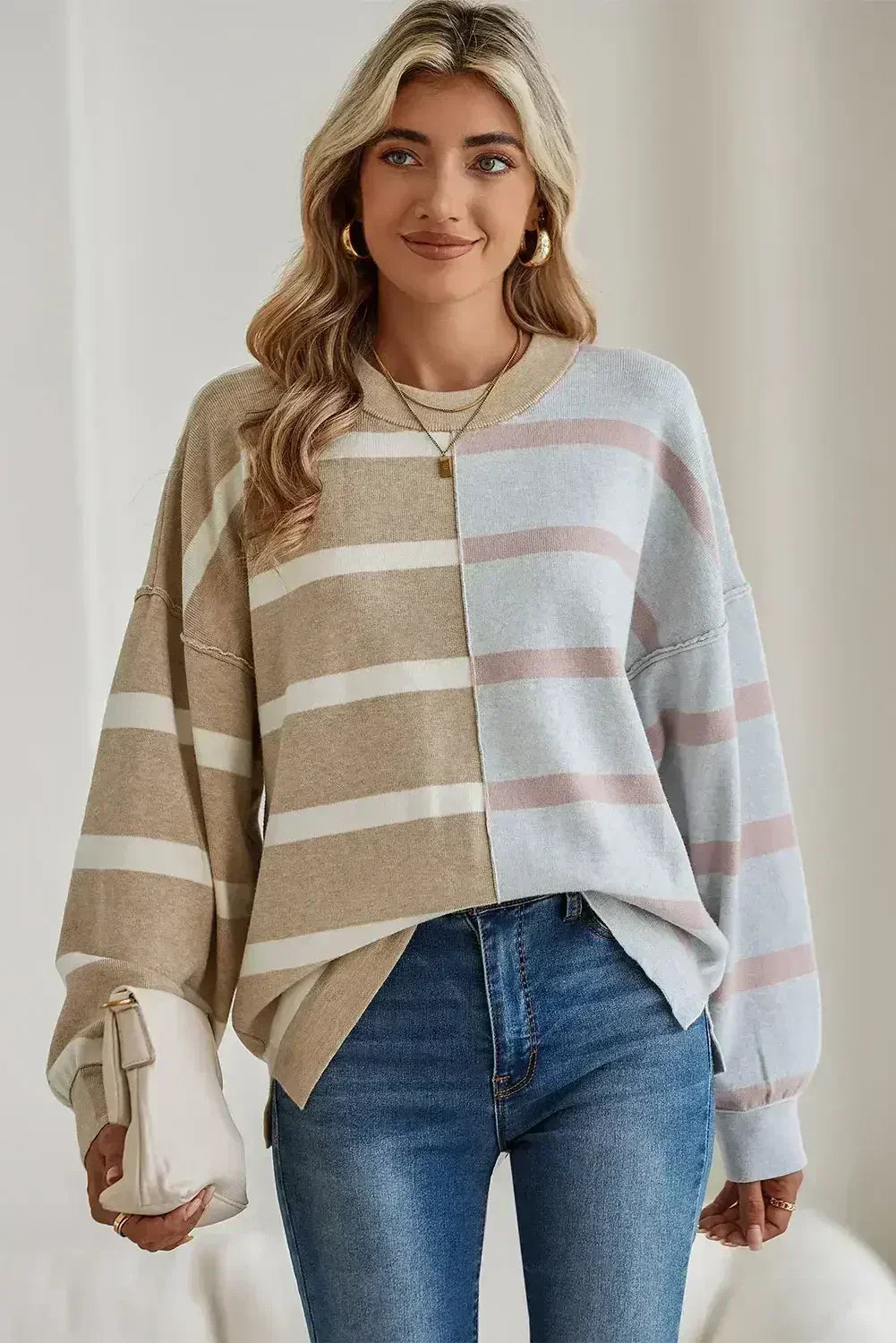 Pink Striped Patchwork Drop Shoulder Sweater - Femstylo