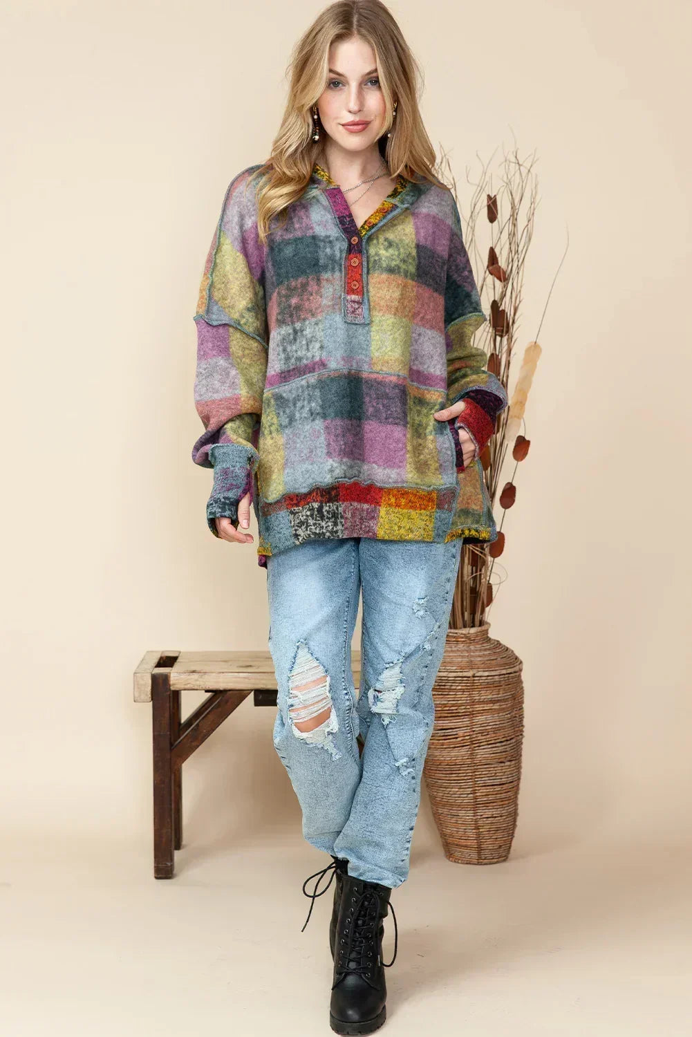 Plaid Henley Hoodie – Kangaroo Pocket & Thumbholes | Femstylo