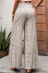 Beige Boho Ethnic Print Knot Waist Wide Leg Pants