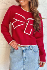 Fiery Red Contrast Trim Big Bow Accent Cropped Sweater