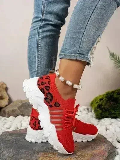 Cutout Leopard Lace Up Mesh Athletic - Femstylo