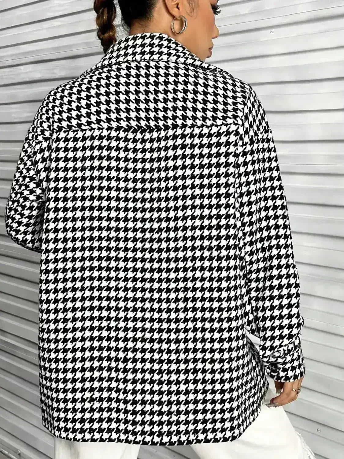 Houndstooth Button Down Long Sleeve Shacket - Femstylo