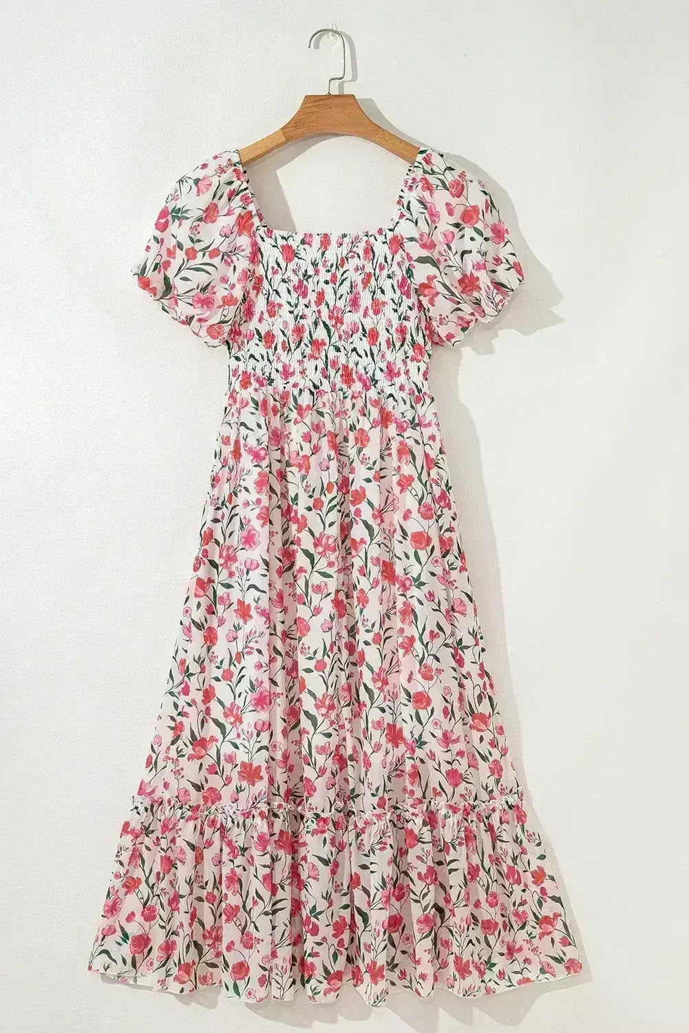 Pink Floral Puff Sleeve Square Neck Empire Waist Tiered Maxi Dress - Femstylo