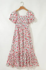 Pink Floral Puff Sleeve Square Neck Empire Waist Tiered Maxi Dress - Femstylo