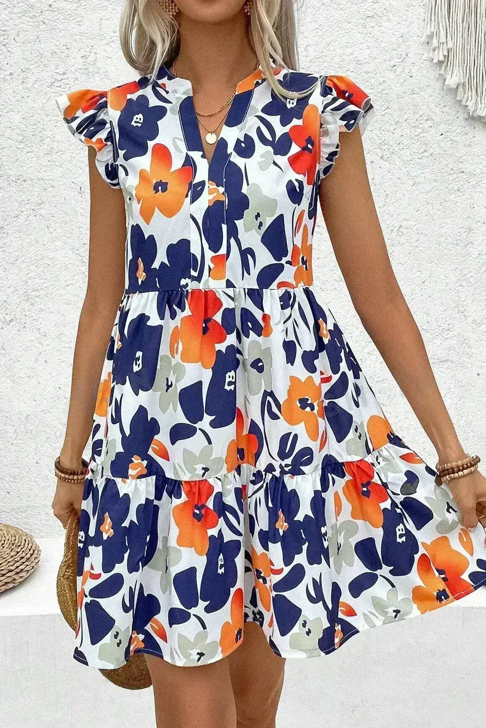 Rose Floral Print Notched Neck Flutter Sleeve Mini Dress - Femstylo