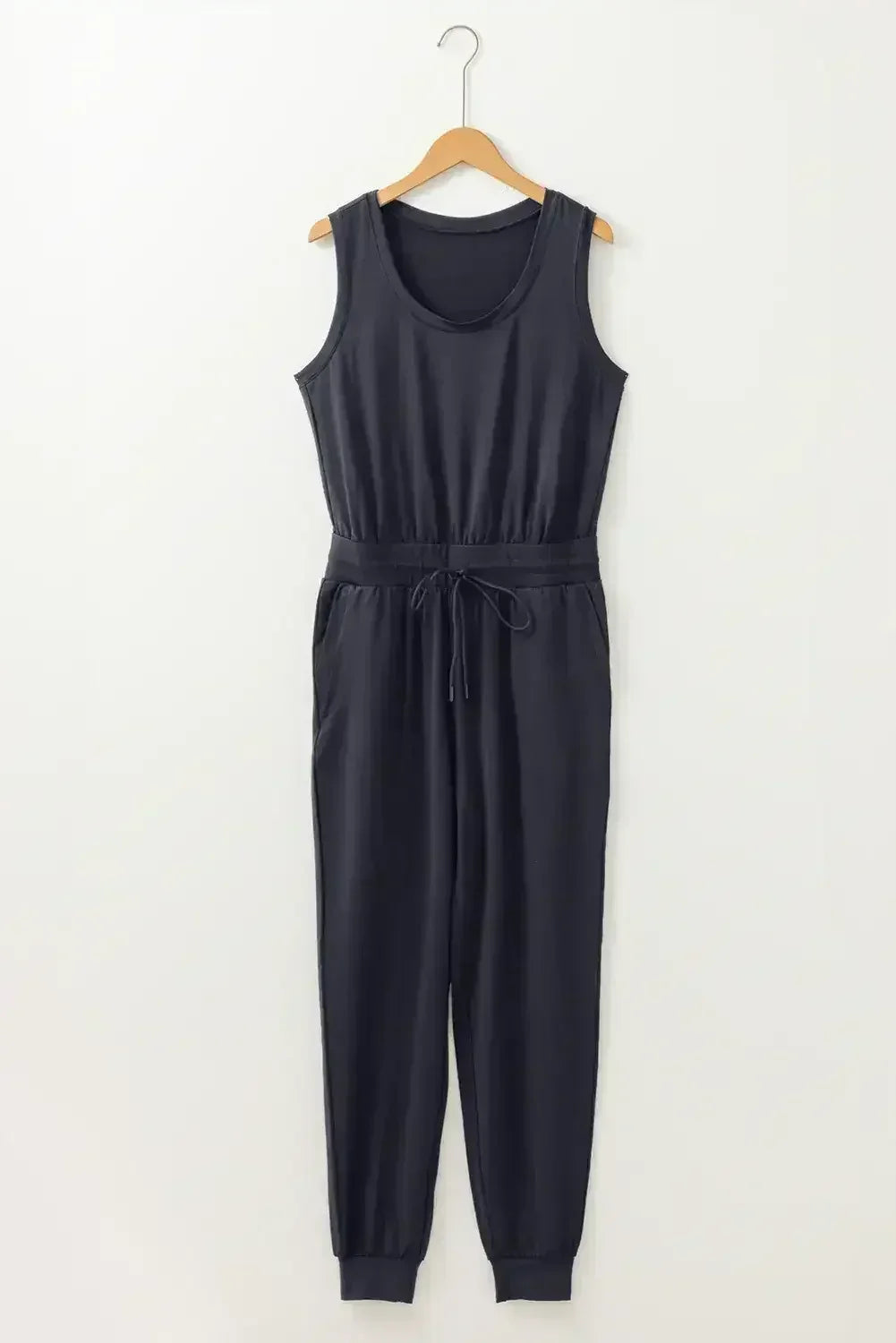 Black Casual Tank Style Tie Waist Pocketed Jogger Jumpsuit - Femstylo
