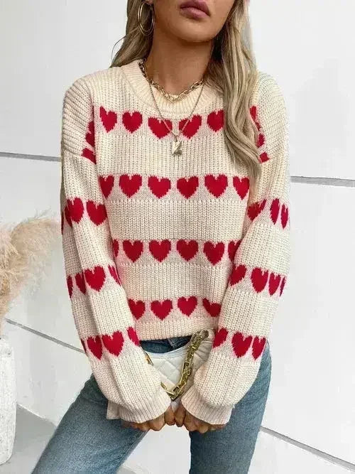 Heart Round Neck Dropped Shoulder Sweater - Femstylo