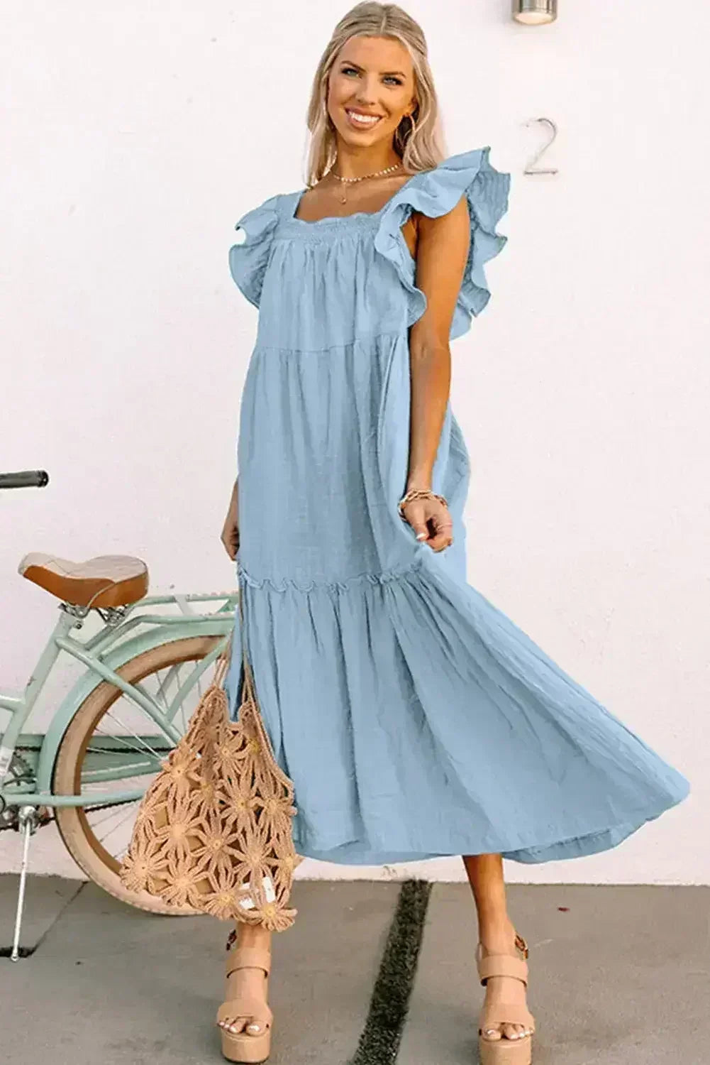 Purple Ruffled Flutter Sleeve Square Neck Textured Tiered Maxi Dress - Femstylo