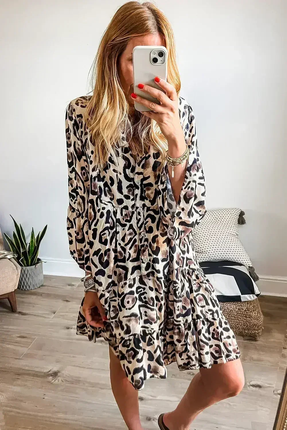 Black Leopard Button V Neck Flowy Mini Dress - Femstylo