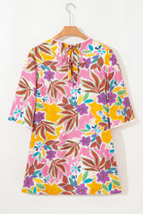 Pink Tropical Floral Bell Sleeve Loose Mini Dress