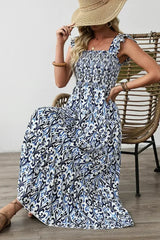 Sky Blue Boho Print Smocked High Waist Maxi Dress - Femstylo