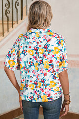 Peacock Blue Floral Print Boho Pop of Color Neckline Blouse