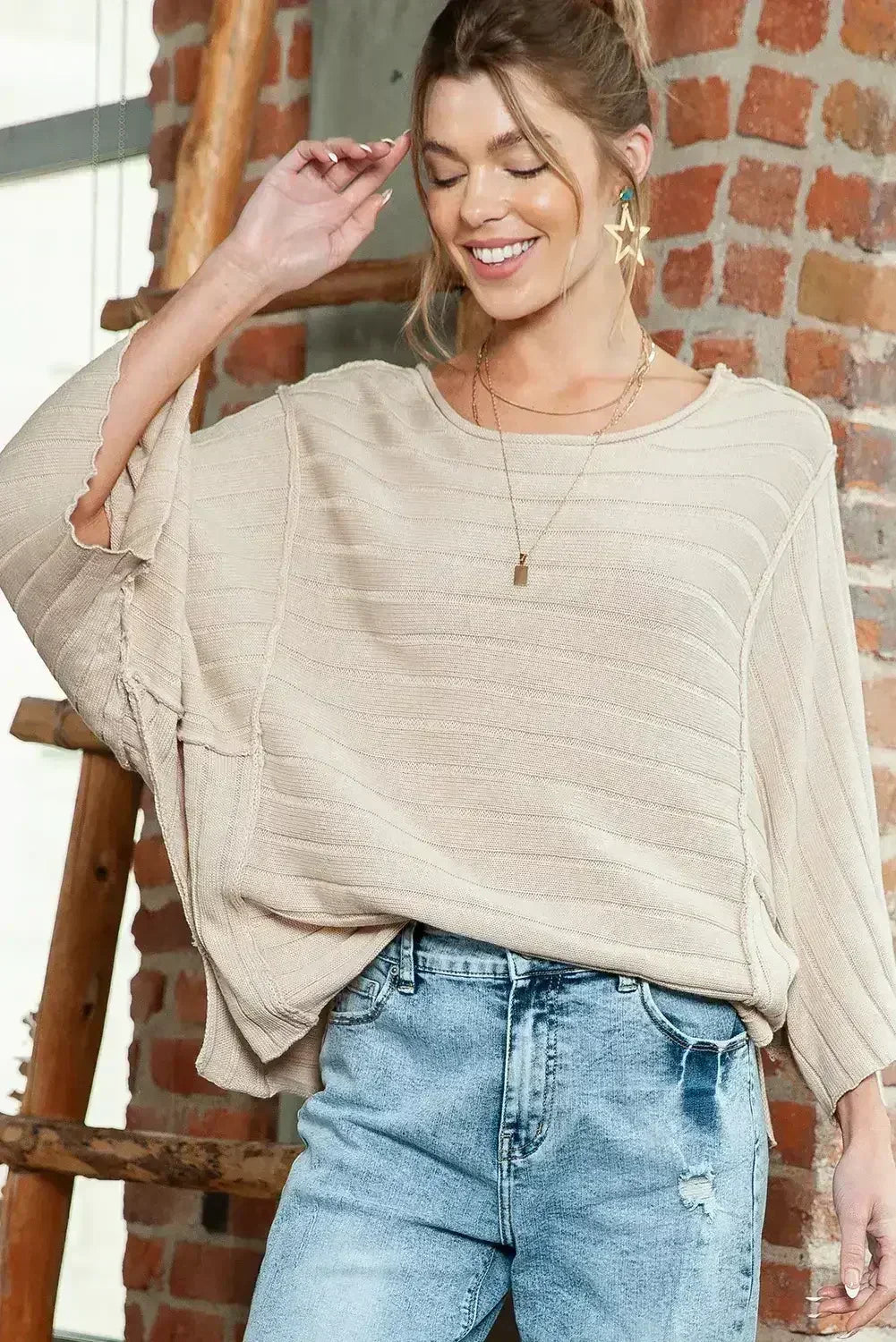 Apricot Solid Color Ribbed Knit 3/4 Sleeve Pullover Sweater - Femstylo