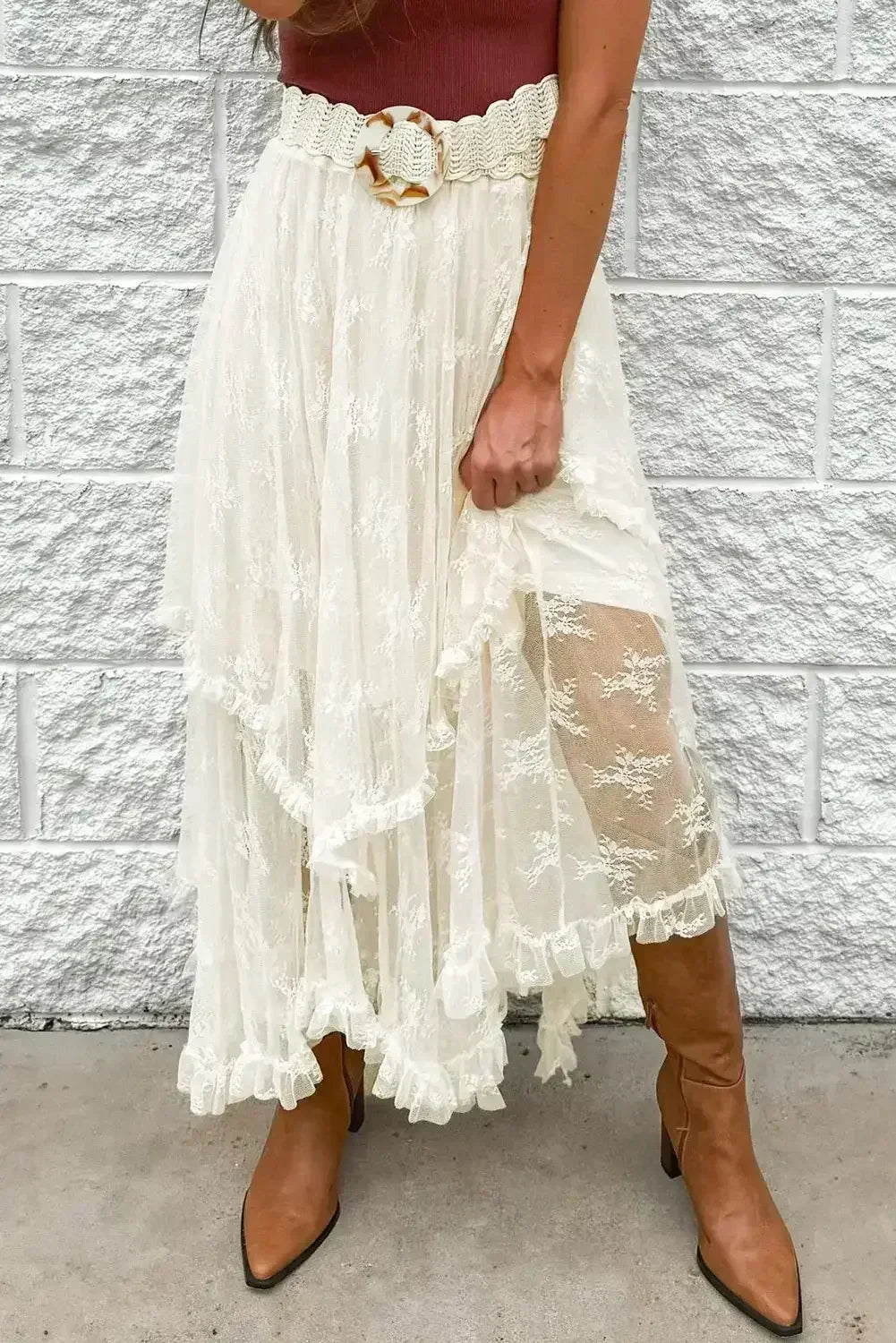 Beige Lace Cascading Tiered High Waist Maxi Skirt - Femstylo