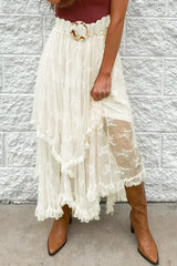 Beige Lace Cascading Tiered High Waist Maxi Skirt - Femstylo