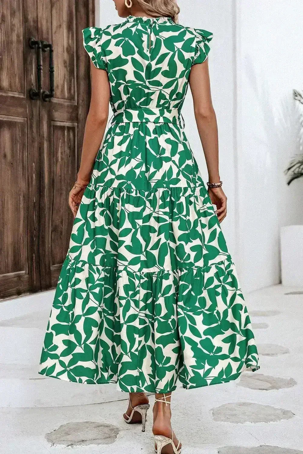 Green Leaf Print Ruffle Mock Neck High Waist Sleeveless Dress - Femstylo