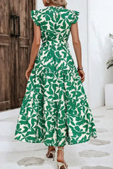 Green Leaf Print Ruffle Mock Neck High Waist Sleeveless Dress - Femstylo