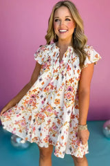 Apricot Floral Print Ruffled Trim Flutter Sleeve Mini Dress - Femstylo