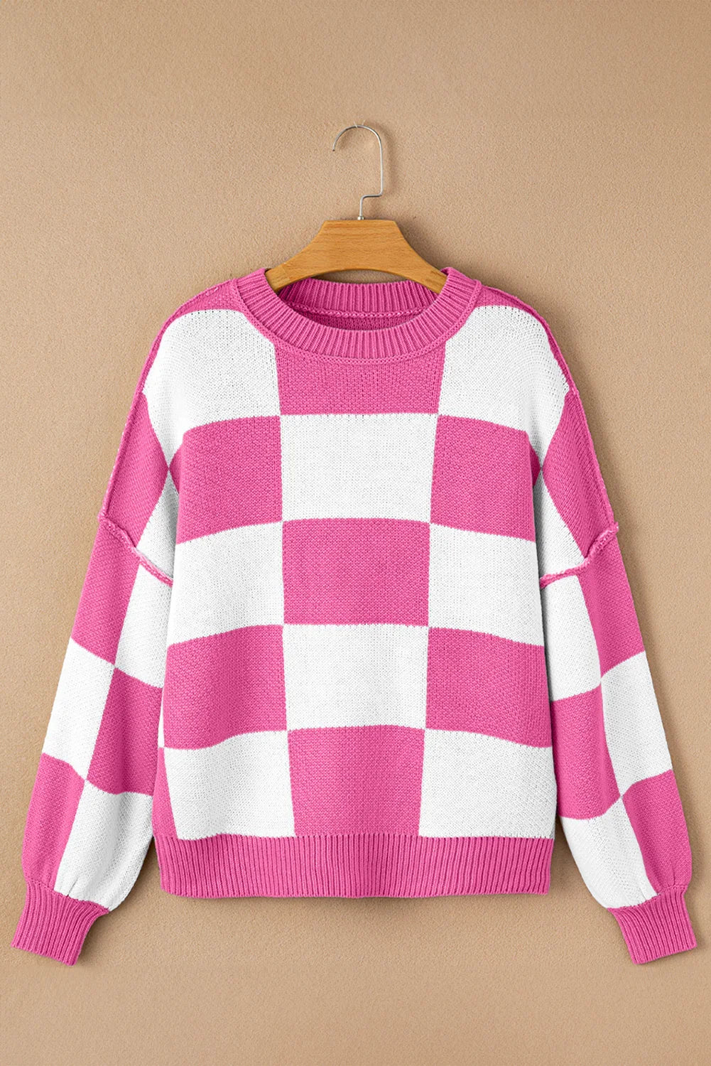Dark Brown Plaid Bishop Sleeve Pullover Sweater