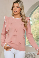 Light Pink Bow Detail Contrast Trim Ruffle Sweater - Femstylo
