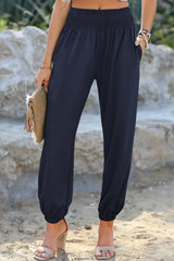 Navy Blue Shirred Smocked High Waist Joggers