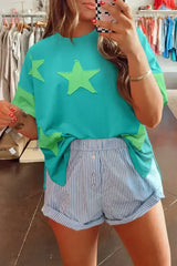 Aruba Blue Frayed Star Patched 4th of July Oversize T Shirt - Femstylo