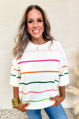 White Striped Half Sleeve Drop Shoulder Sweater - Femstylo