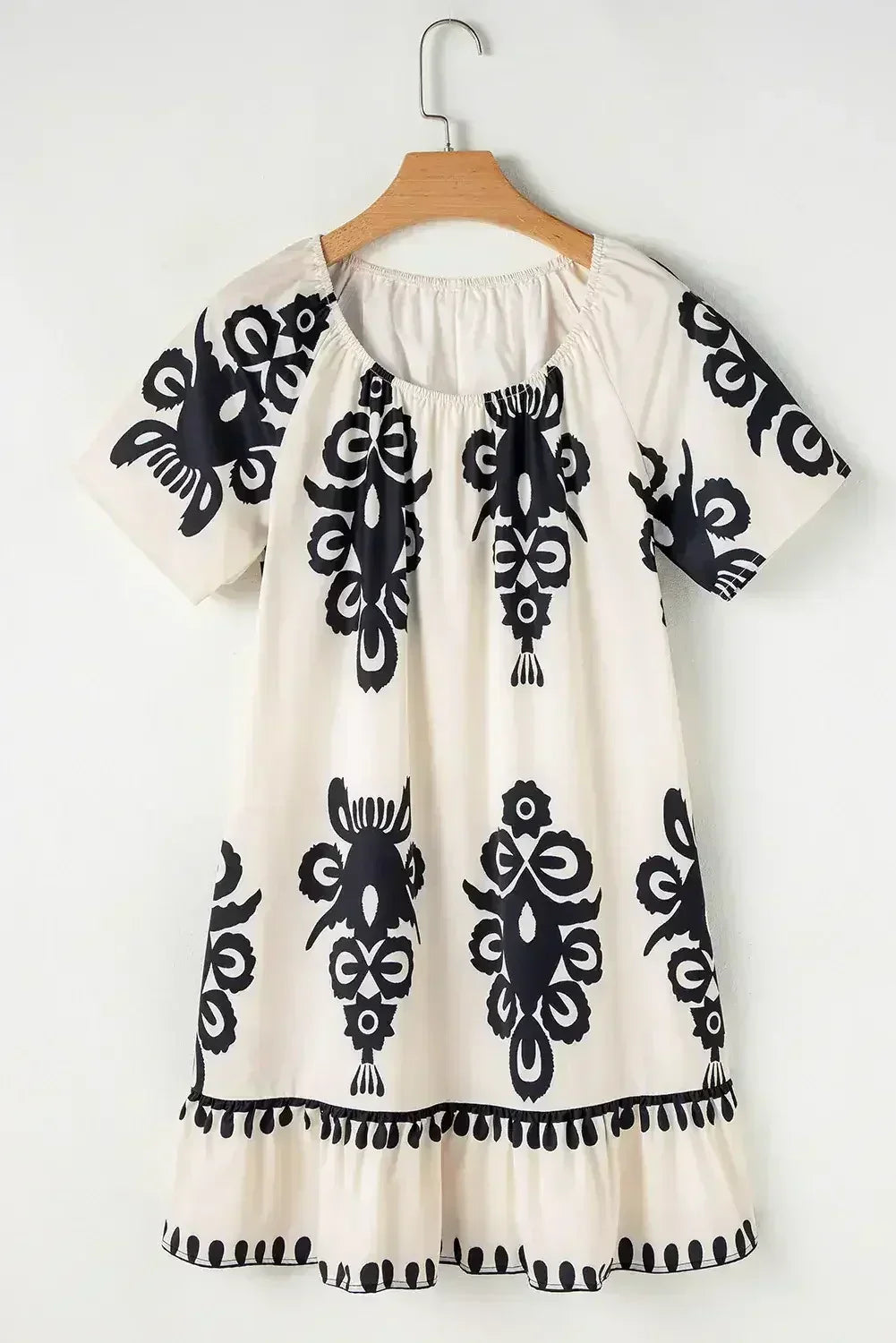 Apricot Ethnic Print Ruffle Hem Loose Mini Dress - Femstylo