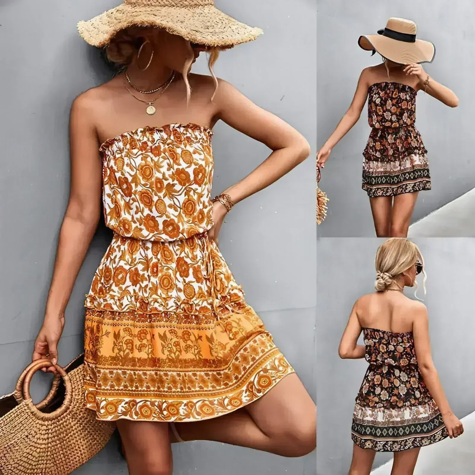 Women's Bohemian Floral Print Strapless Dress Summer Beach Dress - Femstylo